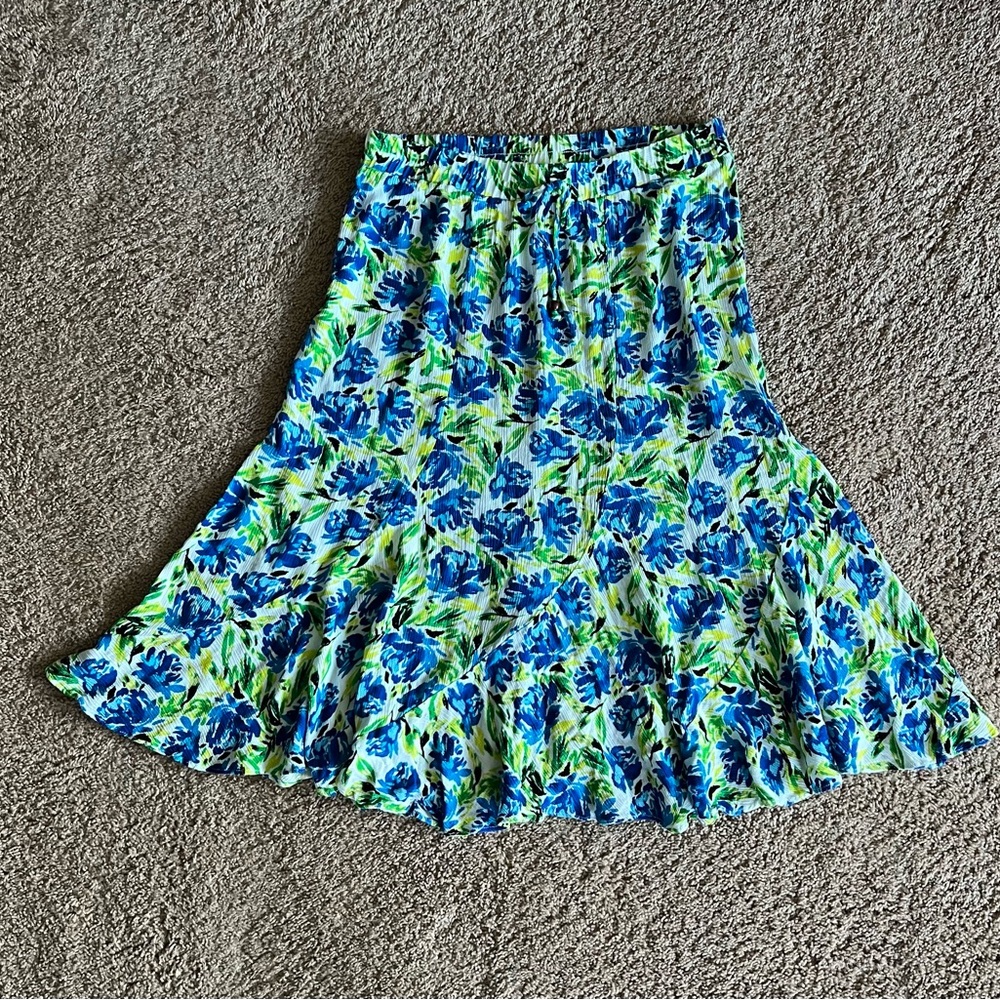 I.N. Studio Blue and Green Ruffled A-Line Midi Skirt